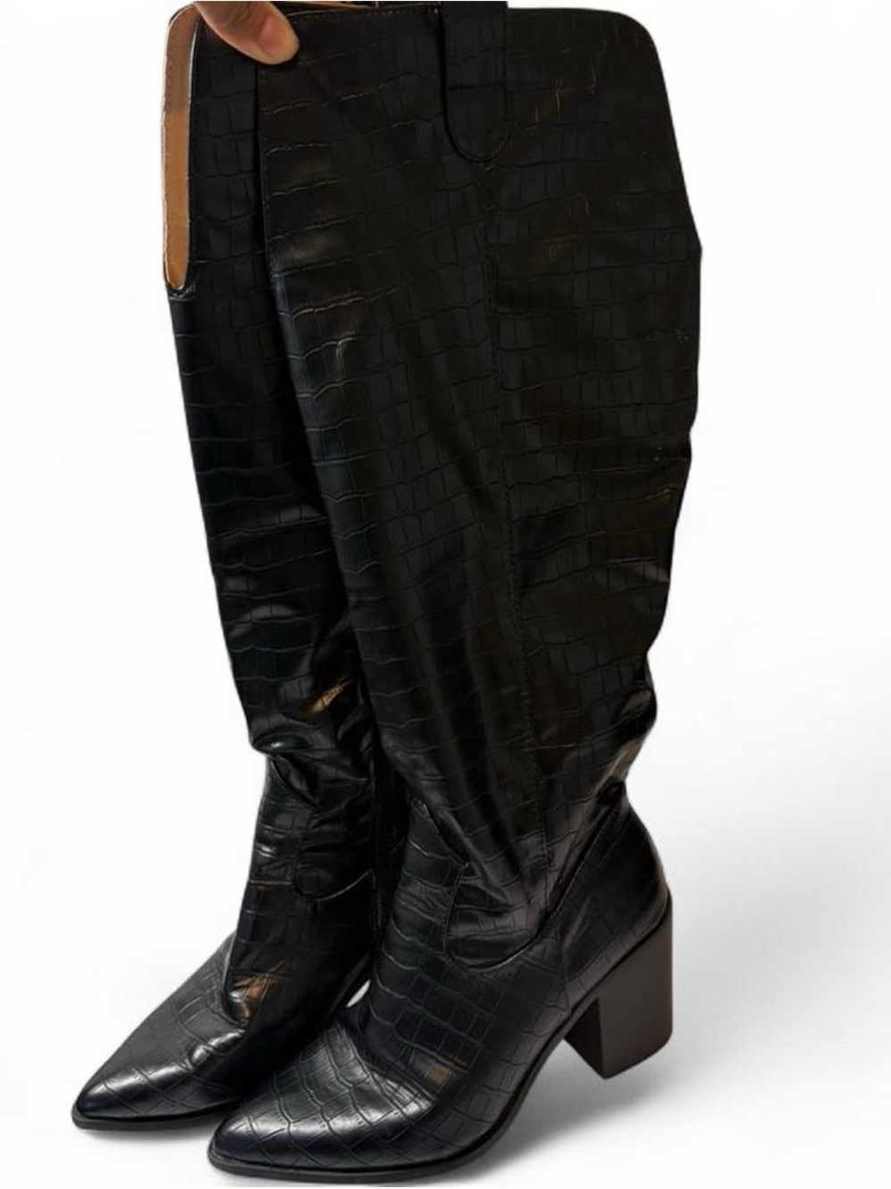 Journee Collection Black Croc-Embossed Pointed-Toe Knee Boots